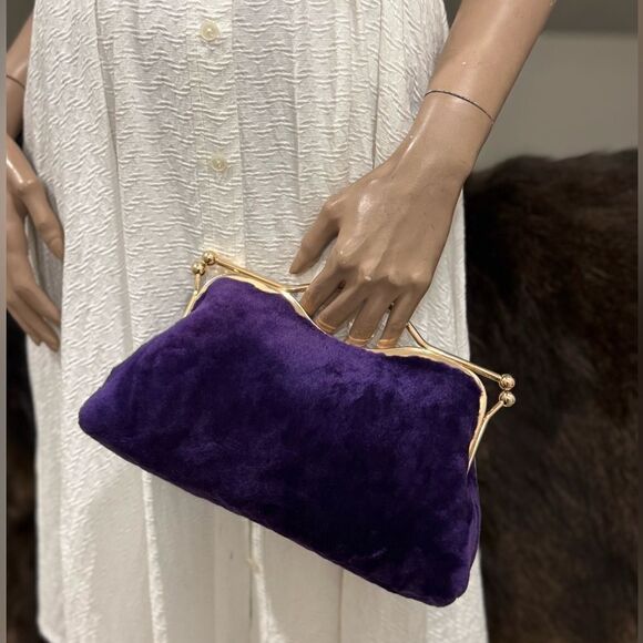 Purple Real Shearling Leather Double Kisslock & Top Handle Clutch with 2 Straps - Picture 5 of 16